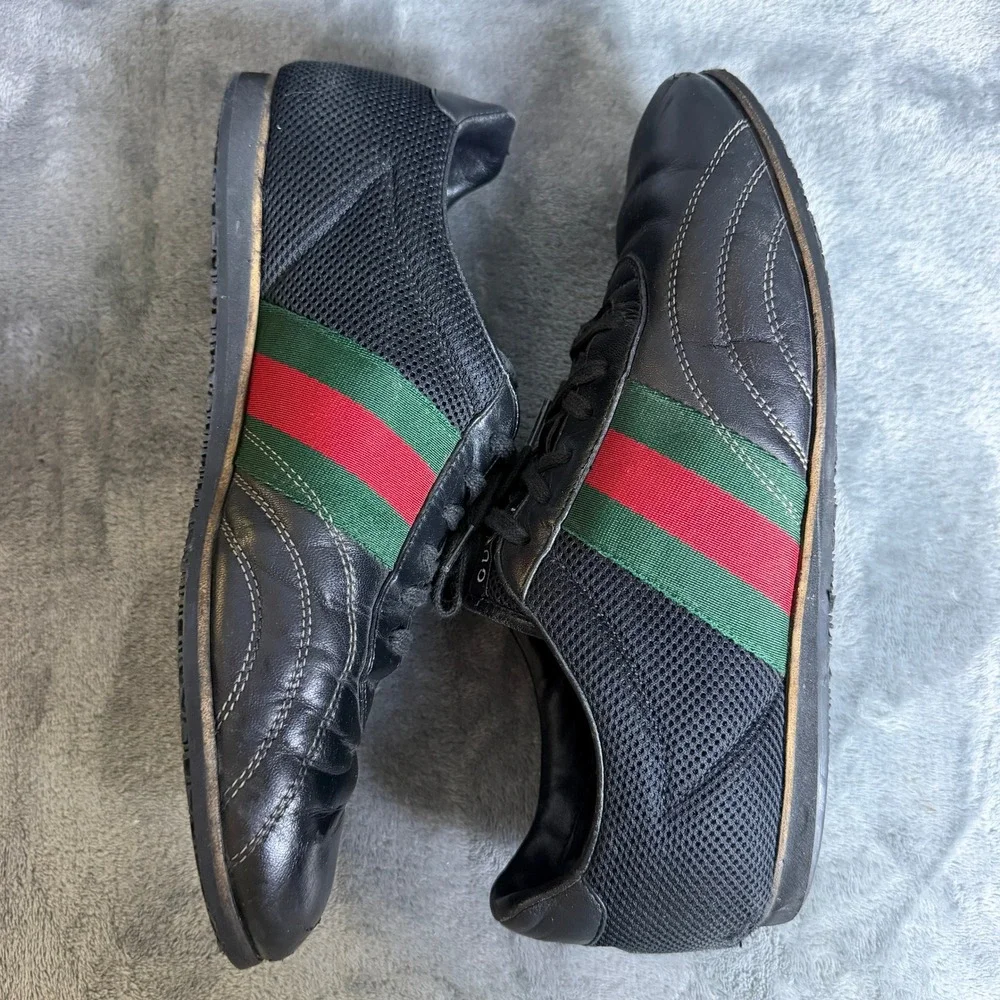 Gucci Mens Black Leather Mesh Web Stripe Sneakers 295197 Size 8 G